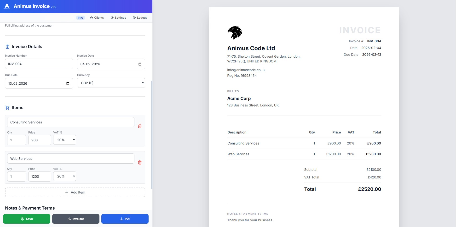 Animus Invoice Interface